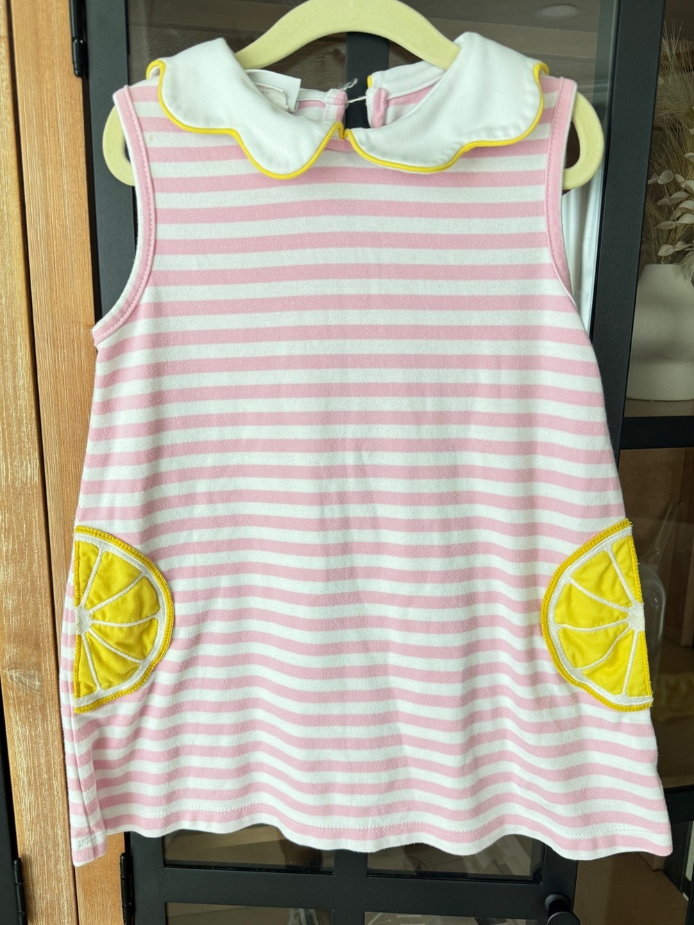 Lemons applique dress sleeveless scalloped collar embroidered striped toddler